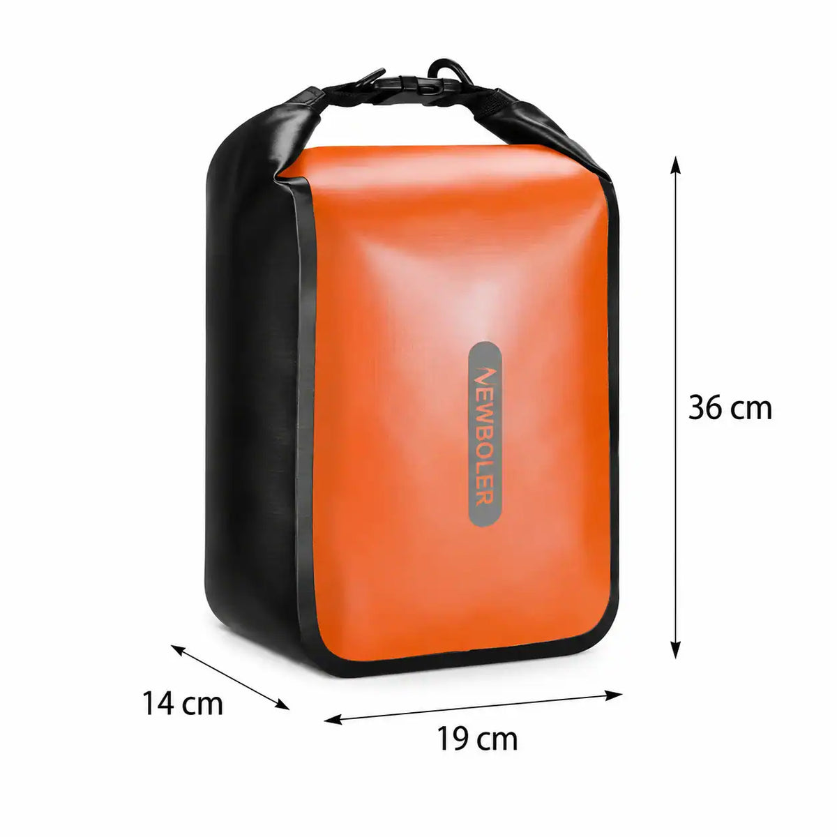Sacoche de fourche vélo orange Newboler avec ses dimensions 36x19x14 cm