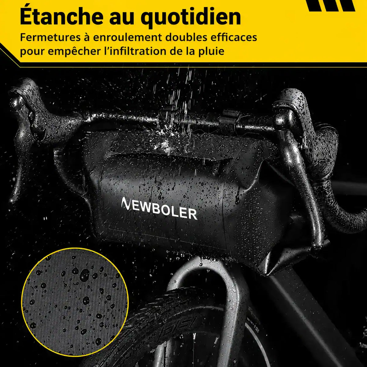Sacoche de guidon vélo 7L couverte de gouttes d'eau, zoom sur la fermeture à enroulement
