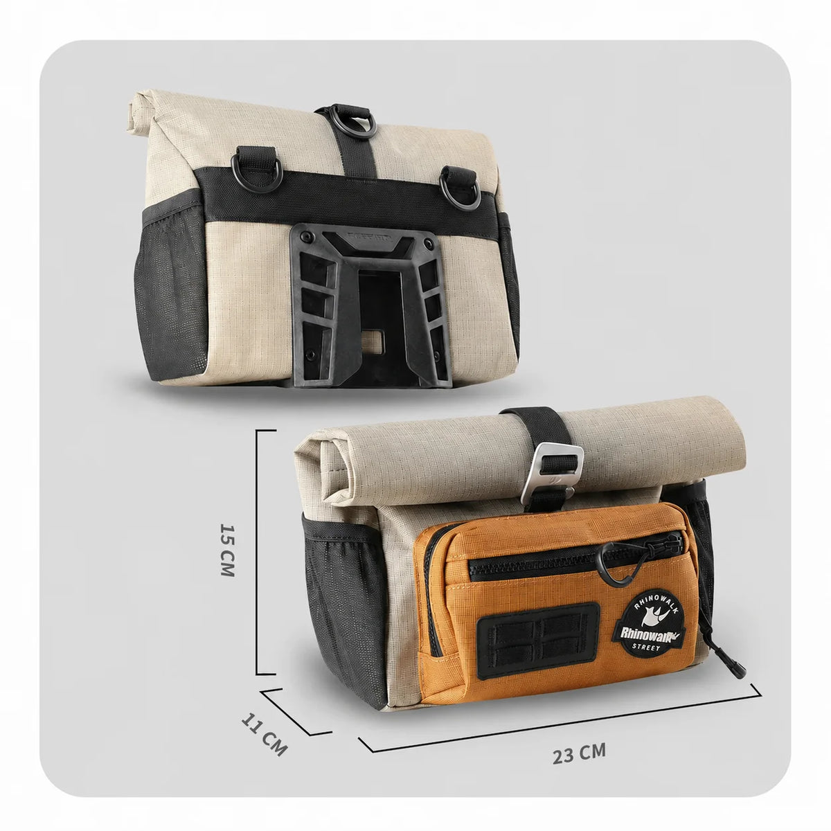 Sacoche velo guidon beige et orange avec dimensions 23x11x15 cm et fixation