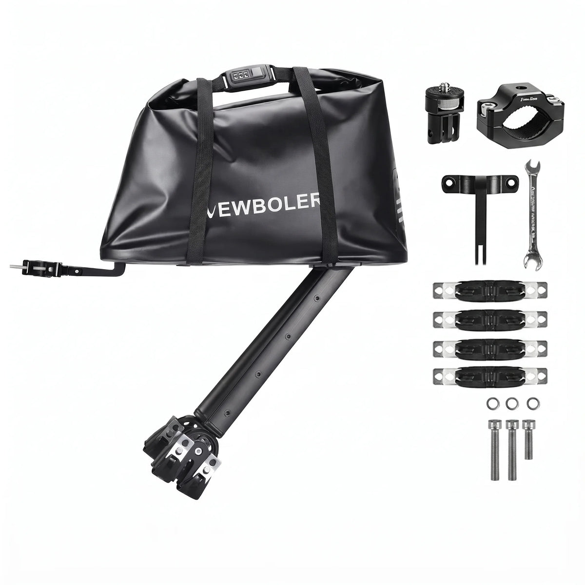 Sacoche de guidon noire avec son support de fixation et les accessoires de montage presentes sur fond blanc