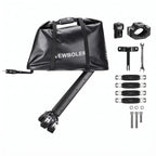 Sacoche vélo noire 20 L avec son support de fixation et les accessoires de montage sur fond blanc