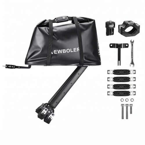 Sacoche vélo noire 20 L avec son support de fixation et les accessoires de montage sur fond blanc