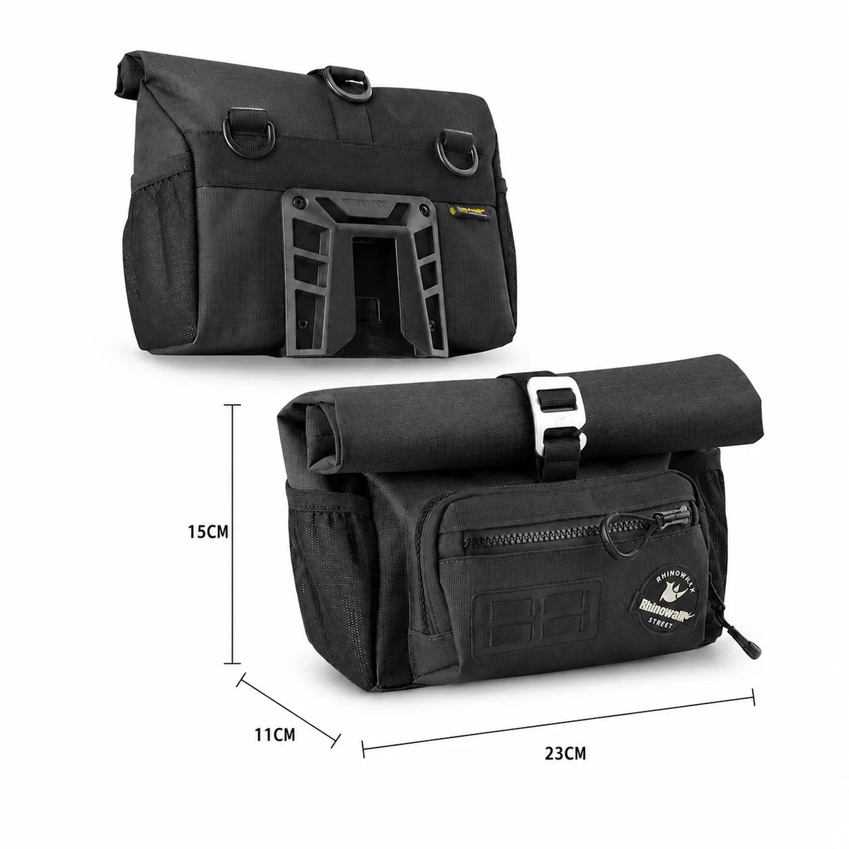 Sacoche de guidon noire compacte pour velo, presentee sous deux angles avec dimensions 23 x 11 x 15 cm.