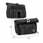 Sacoche de guidon noire compacte pour velo, presentee sous deux angles avec dimensions 23 x 11 x 15 cm.