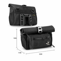 Sacoche de guidon noire compacte pour velo, presentee sous deux angles avec dimensions 23 x 11 x 15 cm.