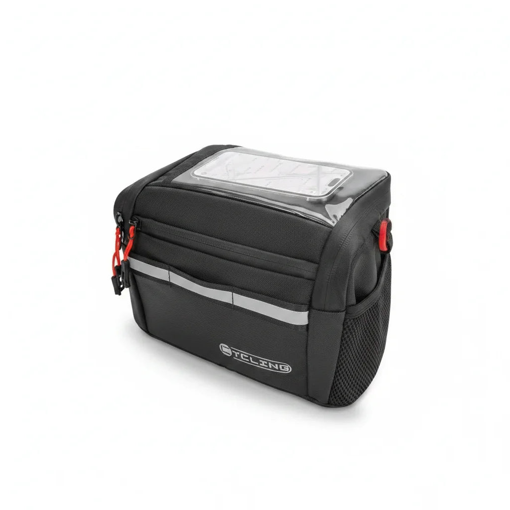 Sacoche de guidon vélo noire avec fenêtre tactile transparente pour téléphone et fermetures rouges