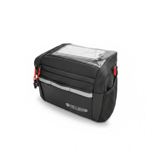 Sacoche de guidon vélo noire avec fenêtre tactile transparente pour téléphone et fermetures rouges