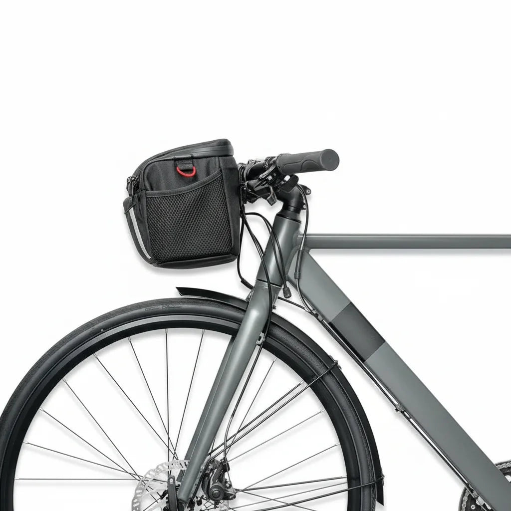 Sacoche de guidon noire carrée fixée sur le guidon d'un vélo de route gris vue de face