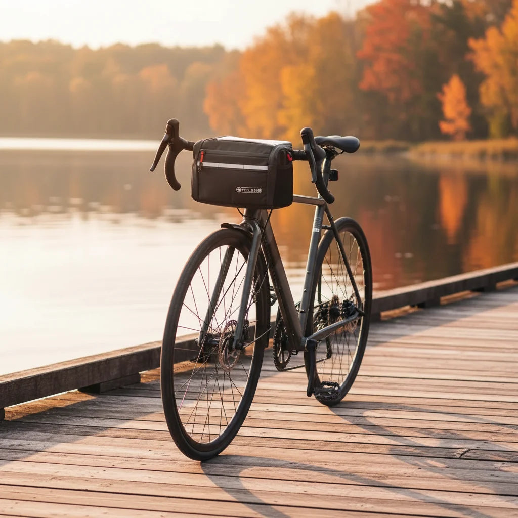 Vélo de route gris avec sacoche de guidon noire posé sur un ponton en bois au bord d'un lac en automne