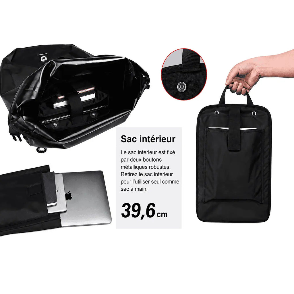 Palette 4 coloris sacoche porte-bagages noir vert olFiche produit spécifications sacoche 27L polyester 500D 1300g dimensions capacitéive blanc jaune confrontation