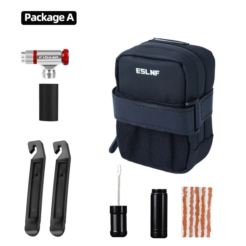 Version Sacoche + kit tubeless : embout CO2, démonte-pneus, outil d'insertion et mèches