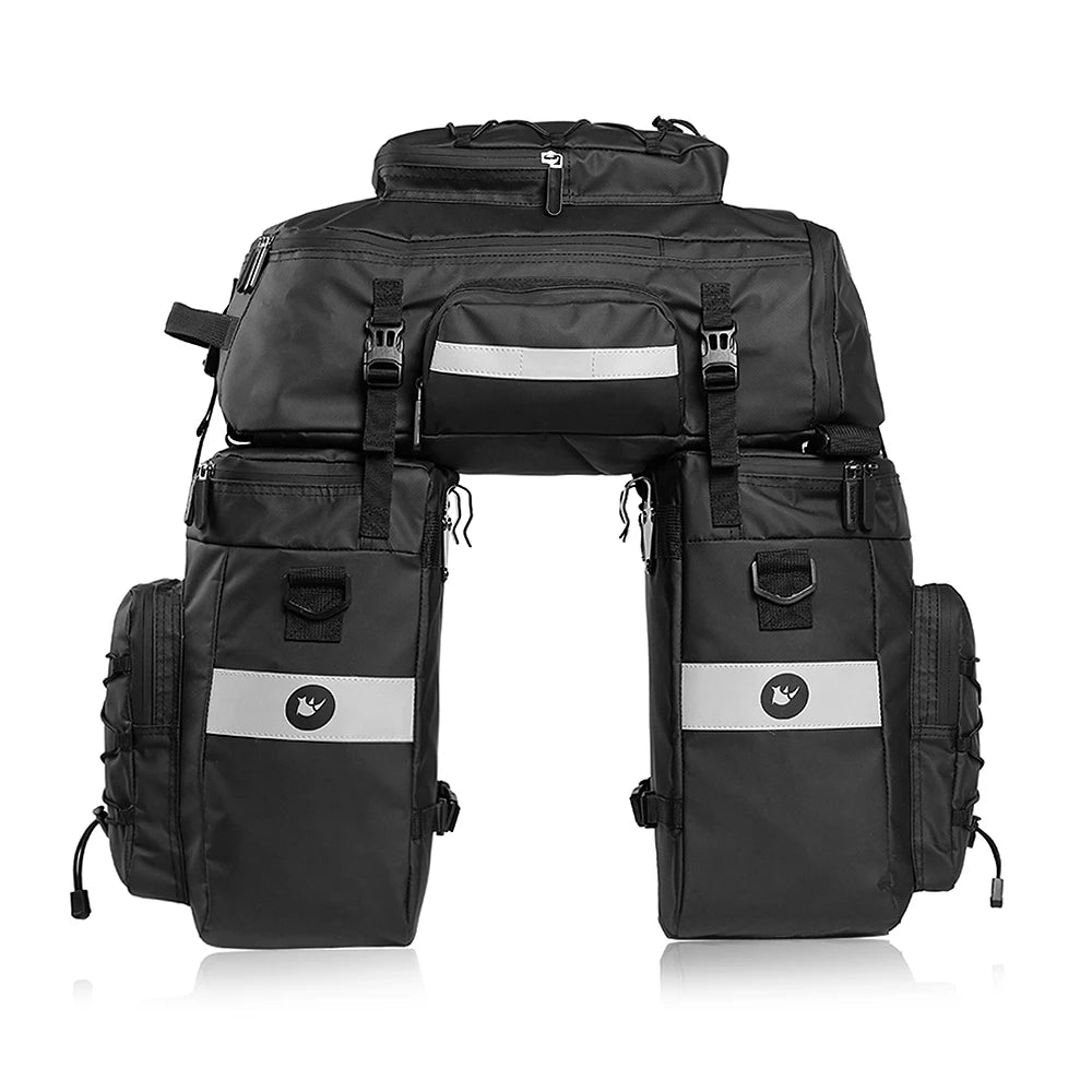 Ensemble de sacoches de porte-bagage 3 en 1 noires avec bandes reflechissantes, comprenant une sacoche centrale et deux sacoches laterales.