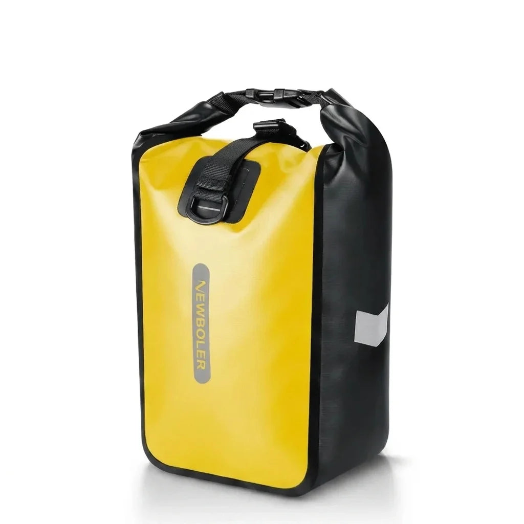 Sacoche de porte-bagage jaune et noire etanche avec fermeture roll-top, presentee de face sur fond blanc.