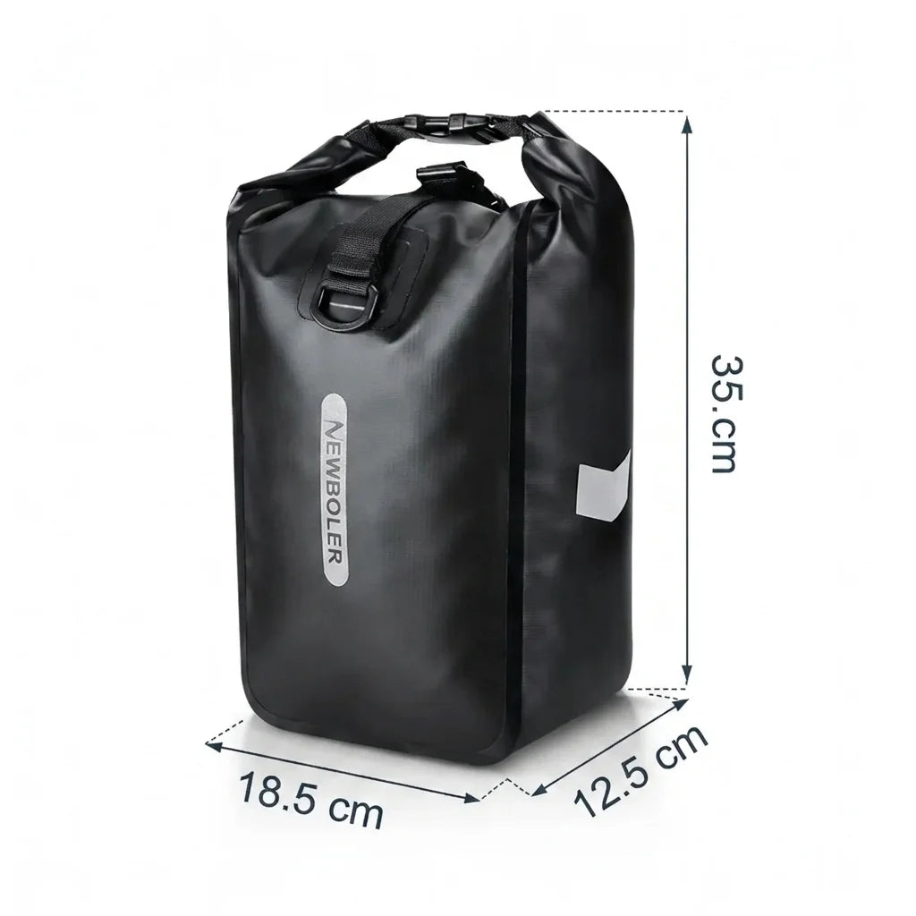 Sacoche de porte-bagage noire avec ses dimensions 35 x 18,5 x 12,5 cm affichees sur fond blanc.
