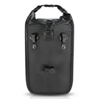 Dos d une sacoche de porte-bagage noire montrant ses crochets et systeme de fixation au porte-bagage.