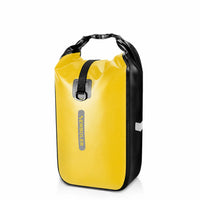 Sacoche de porte-bagage cylindrique jaune avec bords noirs presentee seule sur fond blanc, vue de face