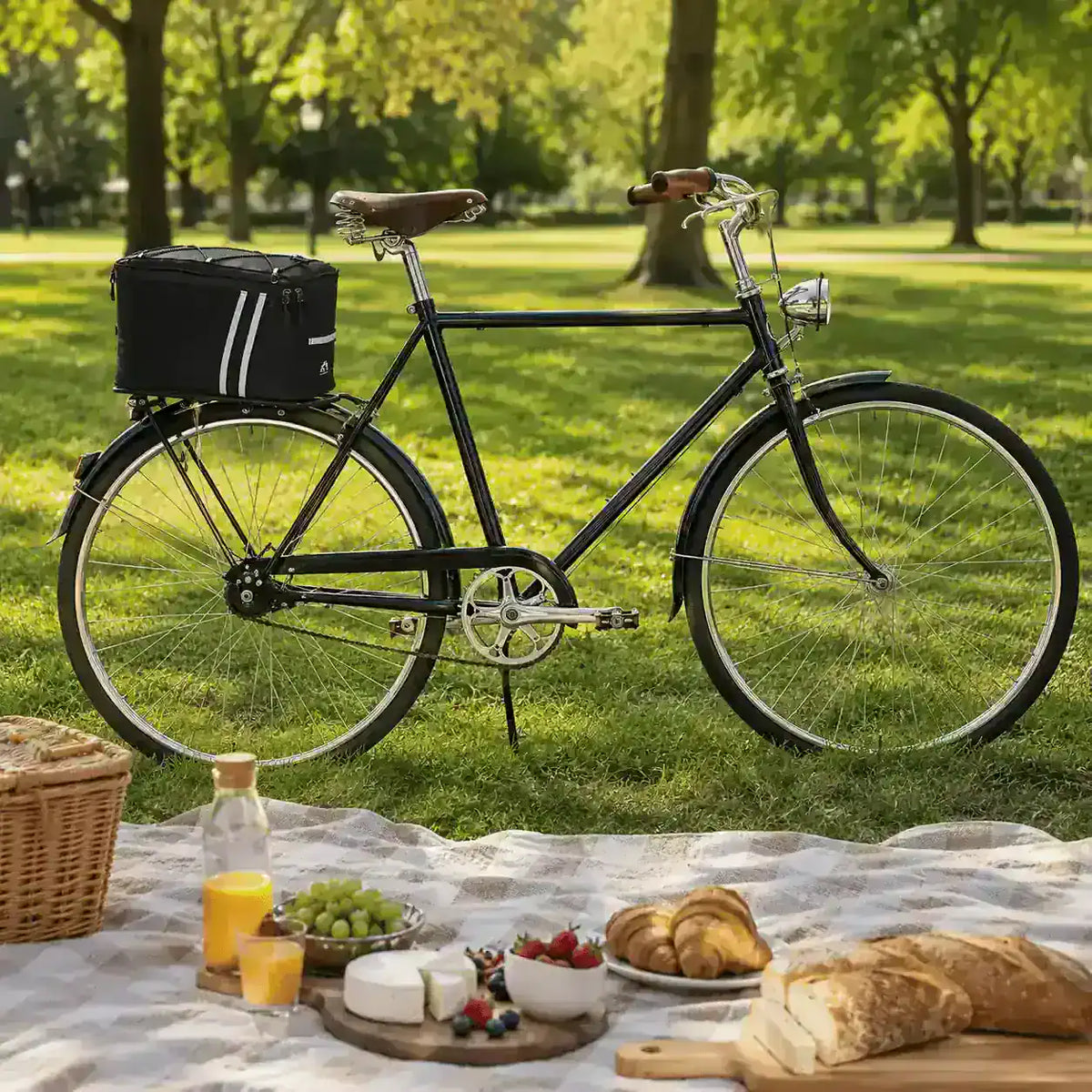 Vélo de ville noir avec sacoche de porte-bagage noire installée à l'arrière, dans un parc avec un pique-nique au premier plan.