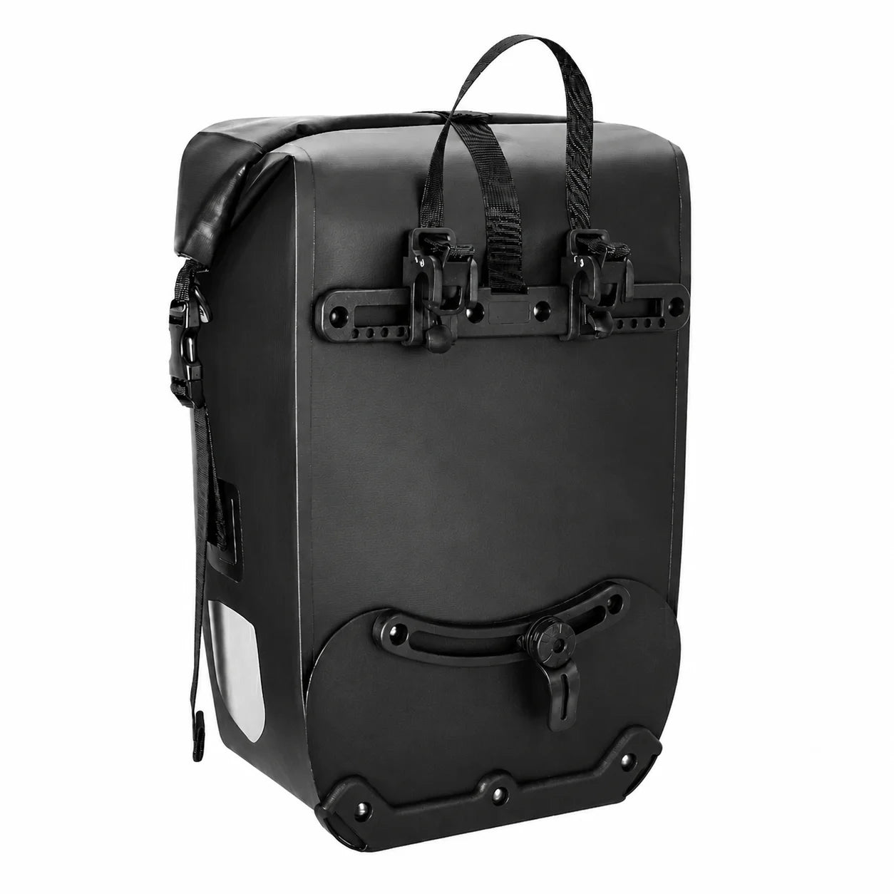 Sacoche de porte-bagage vélo noire 27L vue de dos avec système de fixation et clips de montage