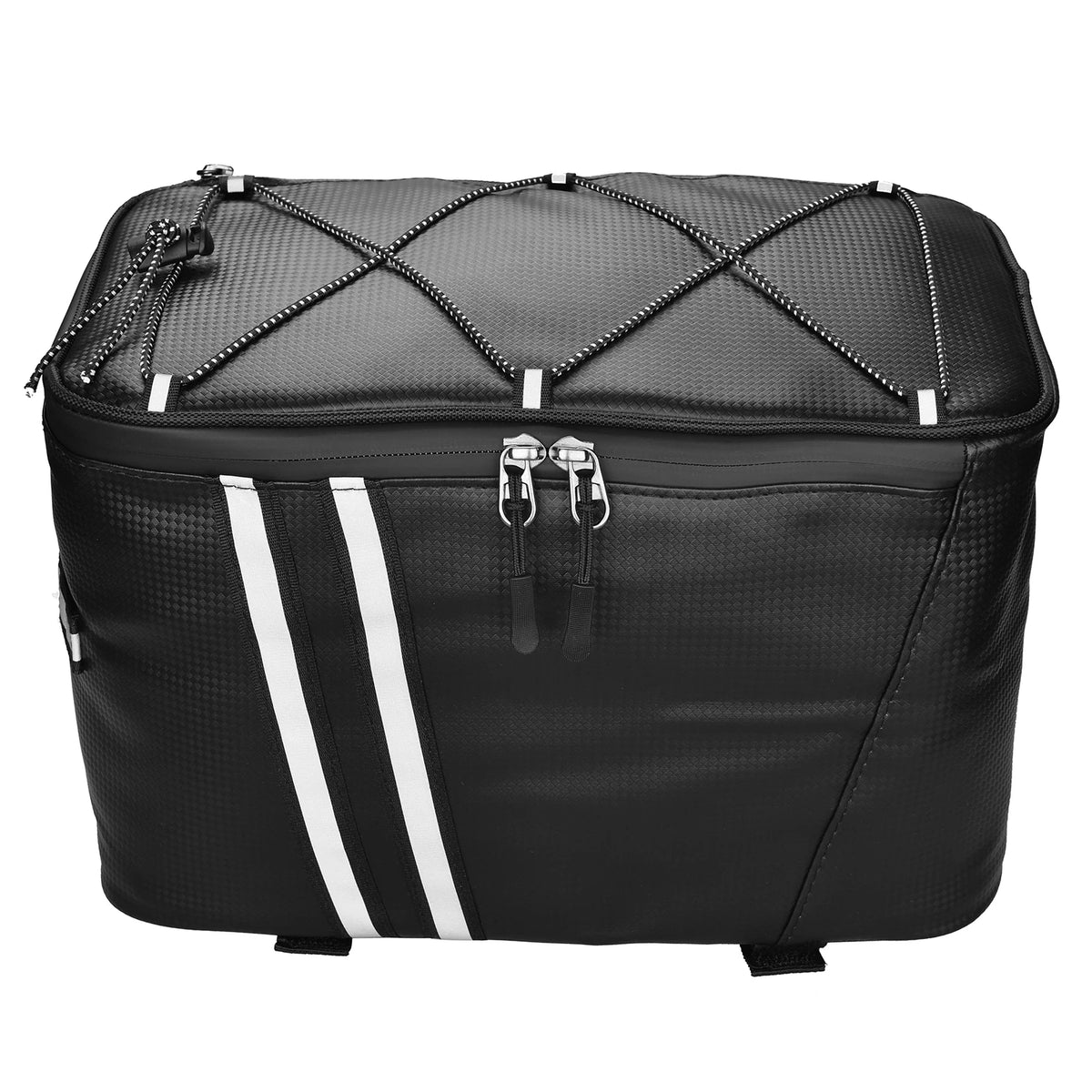 Sacoche de porte-bagage vélo noire vue de face sur fond blanc, avec filet élastique croisé sur le dessus et bandes réfléchissantes.