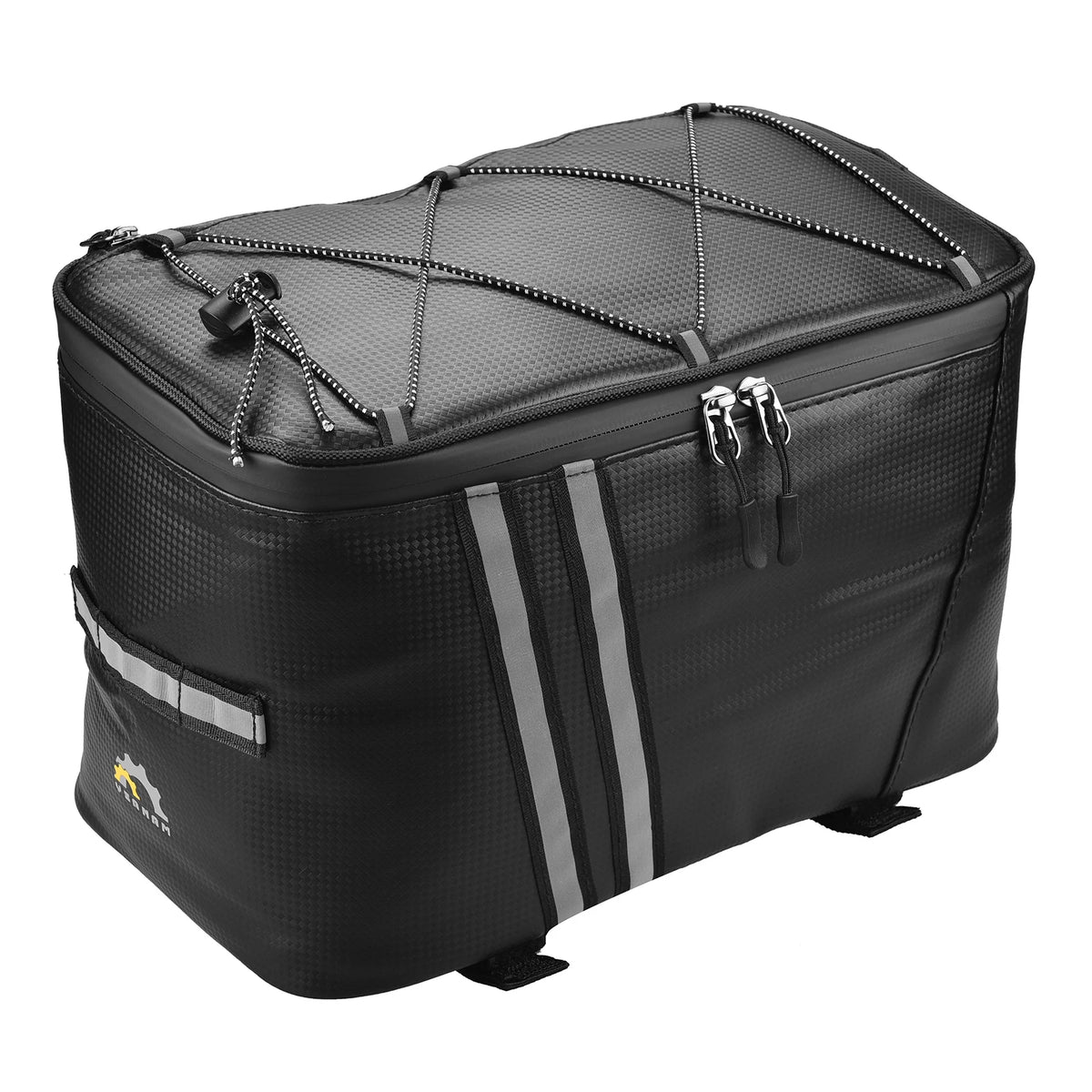 Sacoche de porte-bagage vélo isotherme noire vue de face sur fond blanc, avec filet élastique croisé sur le dessus et bandes réfléchissantes.