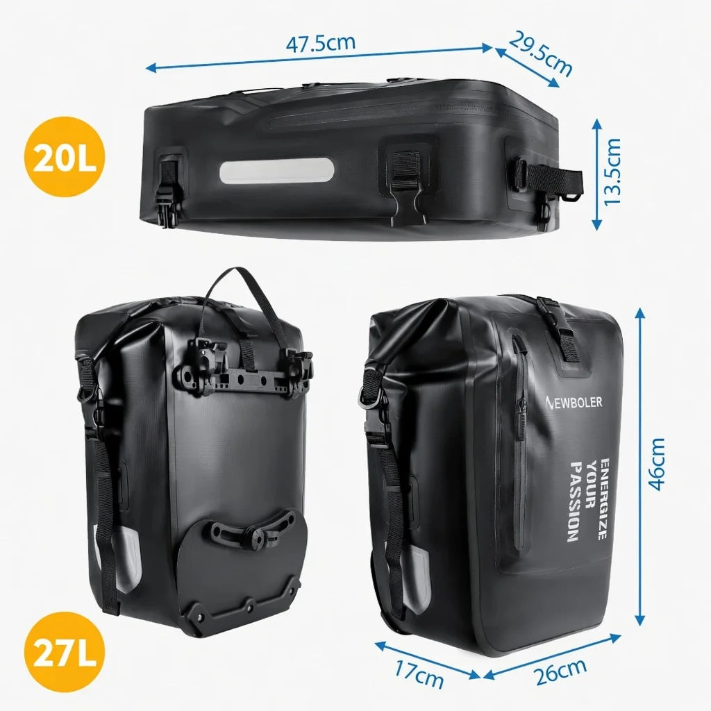 Schéma des dimensions de sacoches de porte-bagage vélo noires 20L et 27L avec mesures en cm