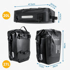 Schéma des dimensions de sacoches de porte-bagage vélo noires 20L et 27L avec mesures en cm