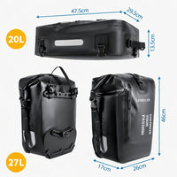 Schéma des dimensions de sacoches de porte-bagage vélo noires 20L et 27L avec mesures en cm