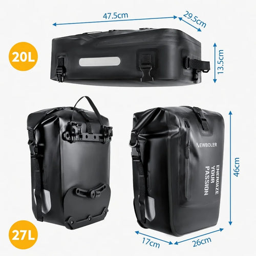 Schéma des dimensions de sacoches de porte-bagage vélo noires 20L et 27L avec mesures en cm