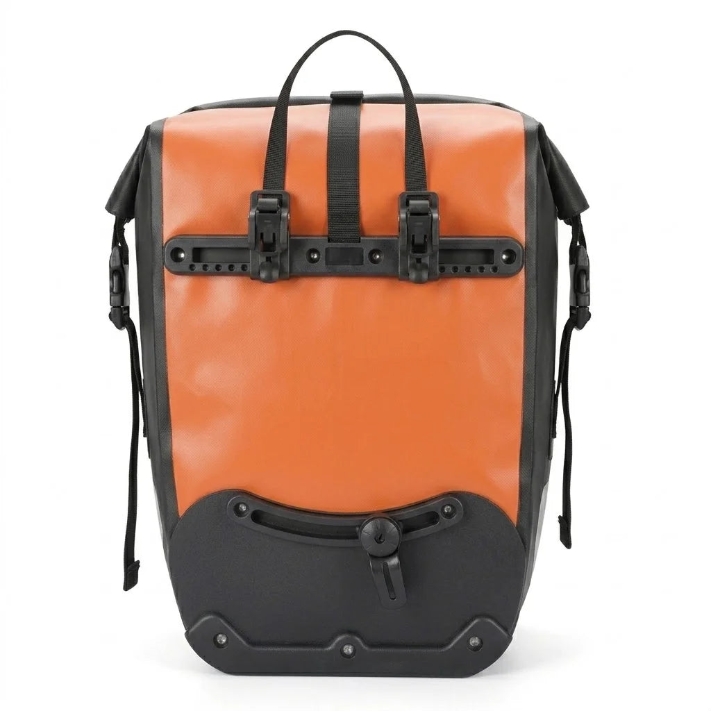 Sacoche de porte-bagage vélo orange et noire vue de dos avec système de fixation