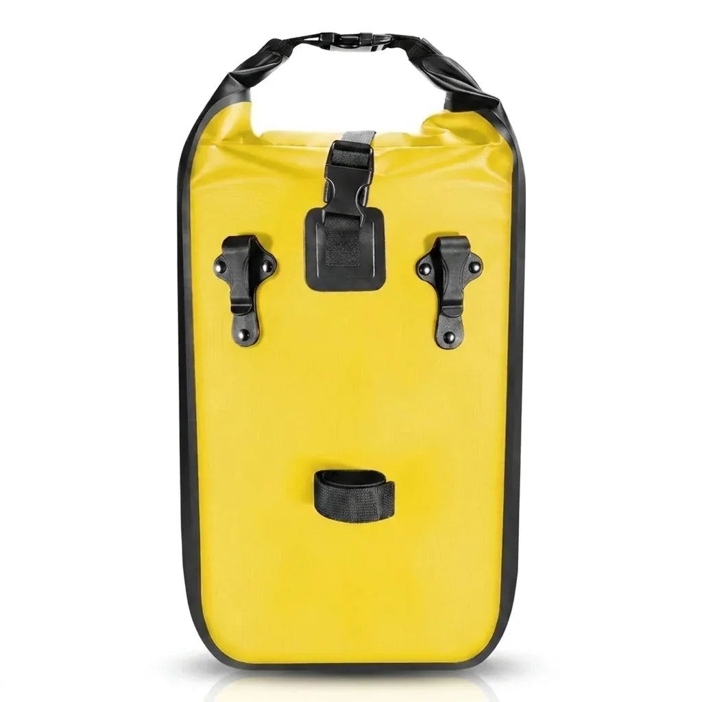 Sacoche de porte-bagages jaune et noire avec fermeture roll-top, presentee de face sur fond blanc.