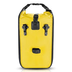 Sacoche de porte-bagages jaune et noire avec fermeture roll-top, presentee de face sur fond blanc.