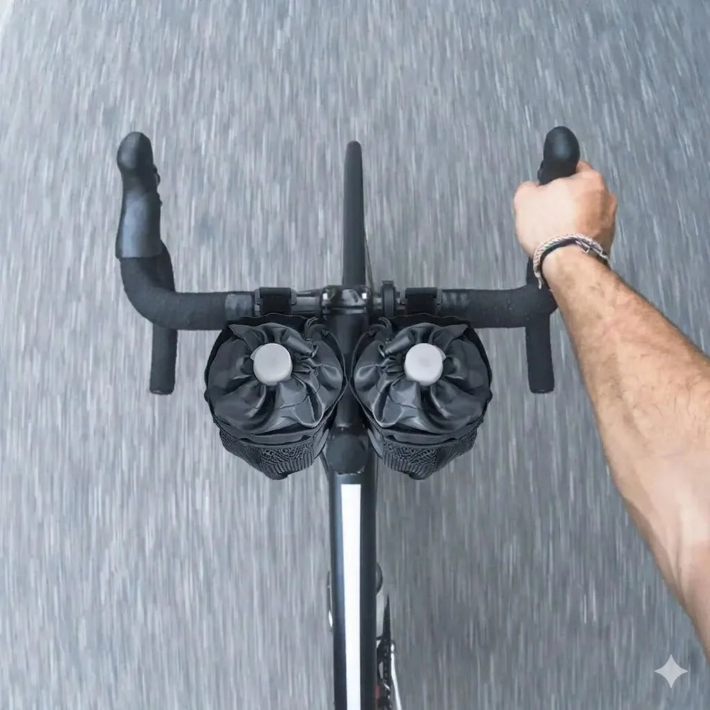 Cycliste tenant le guidon d'un vélo de route sous la pluie avec deux sacoches de potence noires