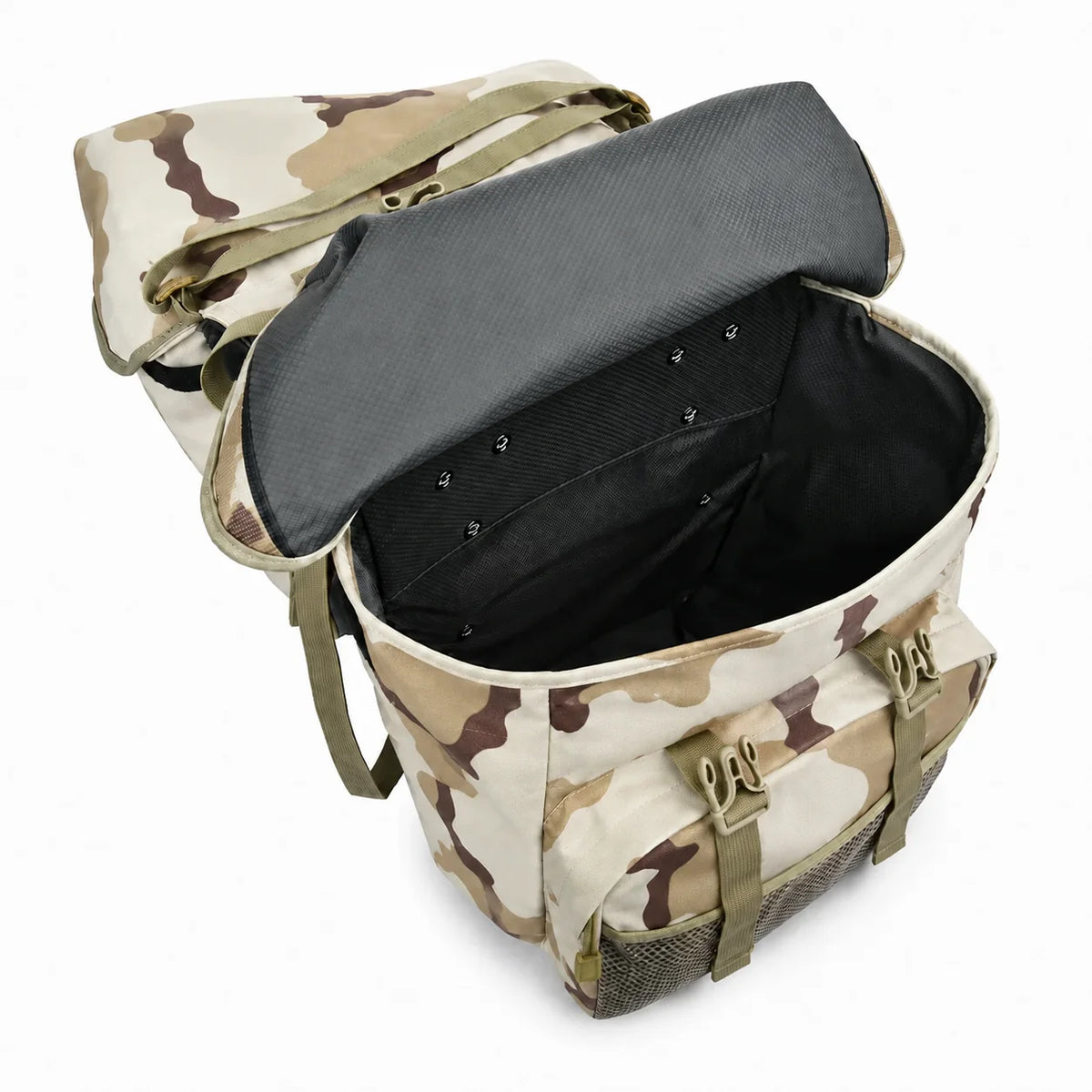 Sacoche sac à dos vélo motif camouflage ouvert montrant l'intérieur pour randonnée