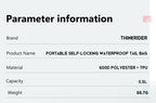 Caractéristiques de la sacoche de selle ThinkRider : polyester 600D et TPU, 0,5 L, 66,7 g