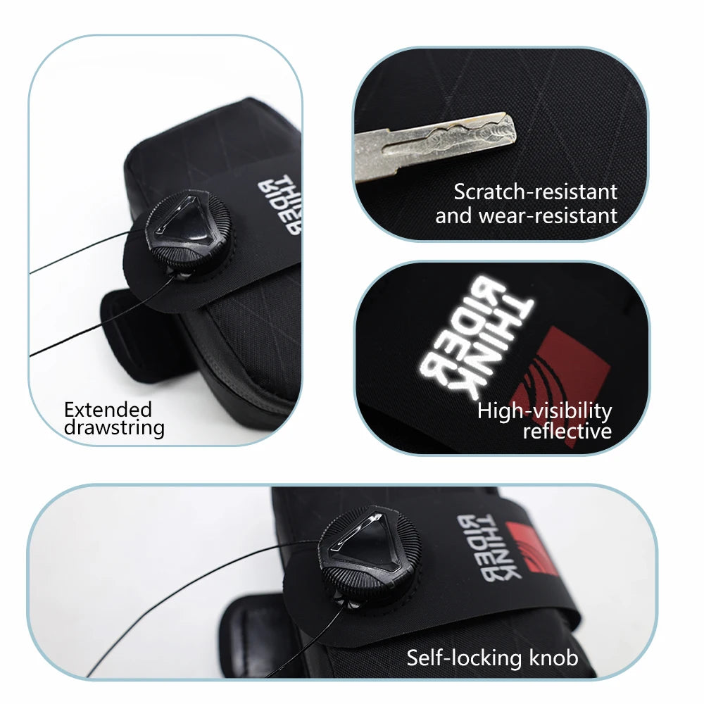 Détails de la sacoche de selle étanche : câble, tissu anti-rayures, logo réfléchissant