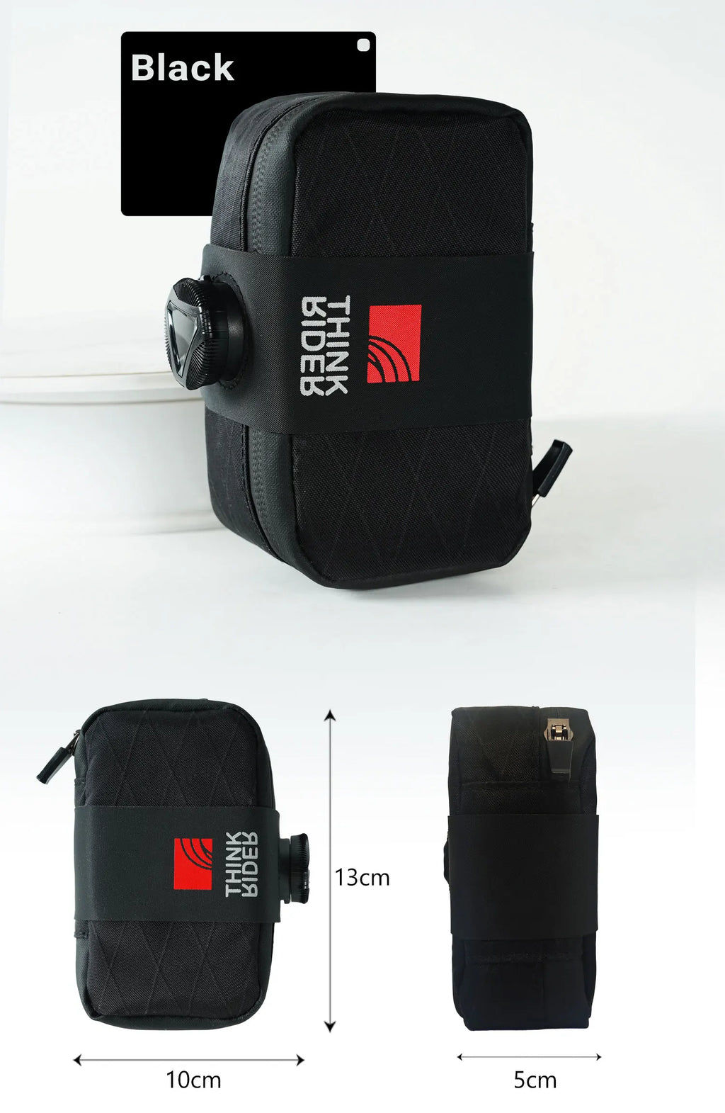 Sacoche de selle vélo étanche noire, dimensions 13 × 10 × 5 cm en vue de face et de côté