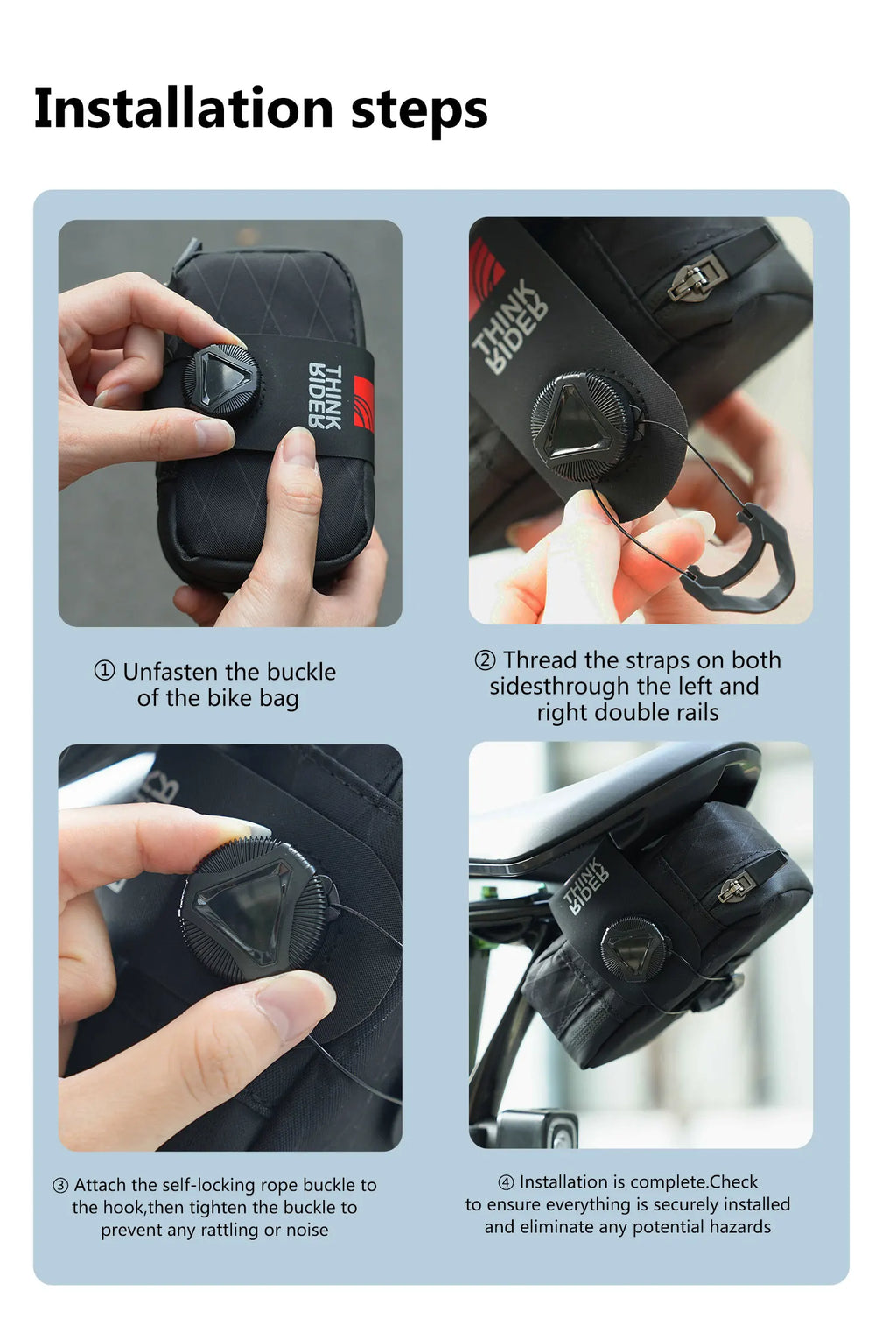 Quatre étapes d'installation de la sacoche de selle vélo étanche sur les rails