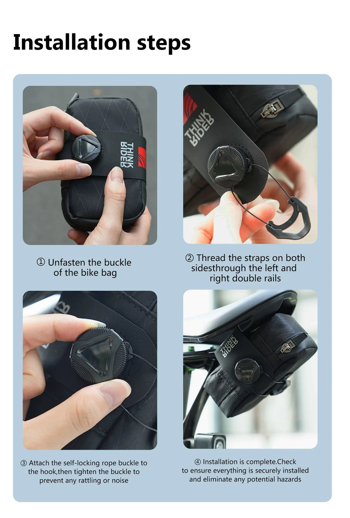 Quatre étapes d'installation de la sacoche de selle vélo étanche sur les rails