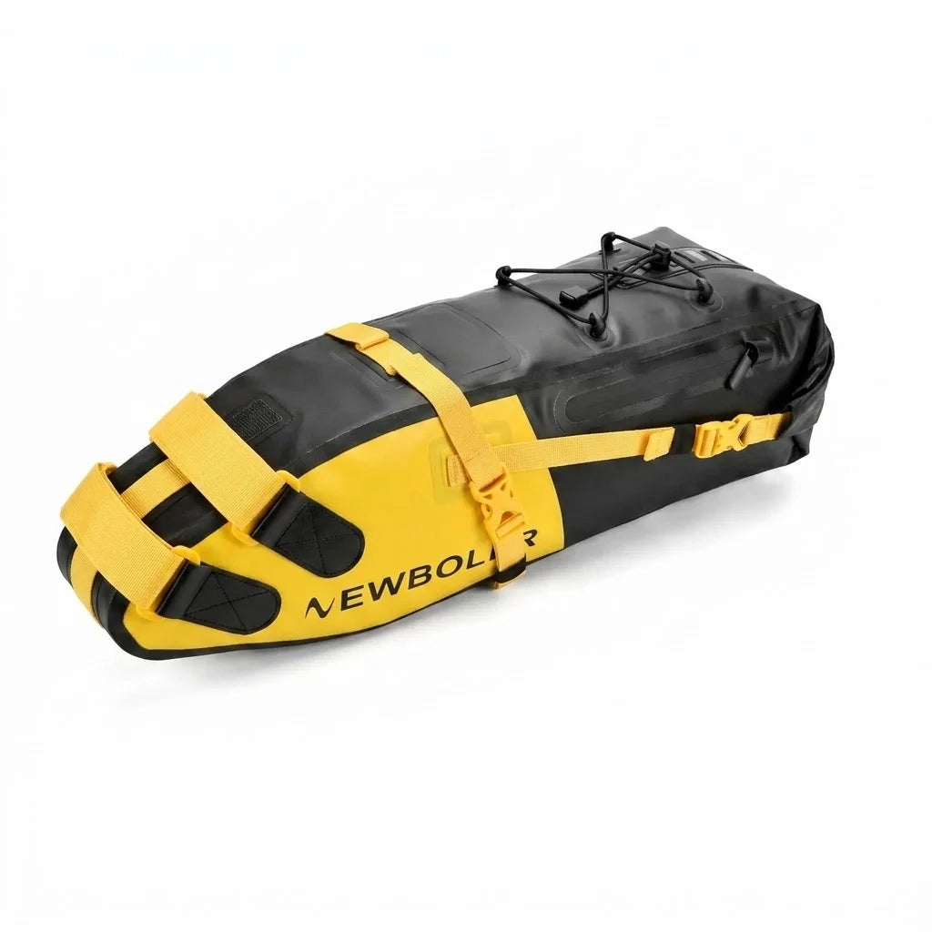 Sacoche de selle jaune et noire avec filet élastique et sangles de fixation, présentée seule sur fond blanc.