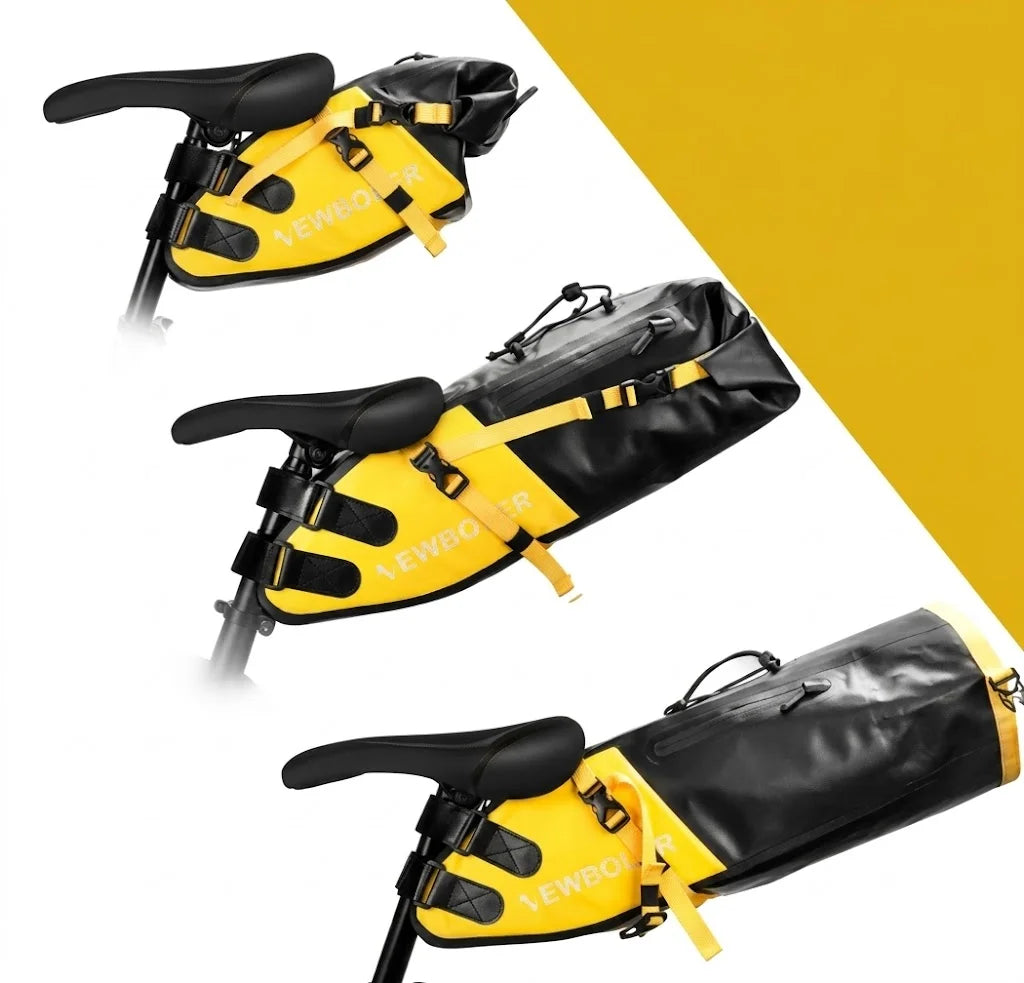 Comparaison de trois tailles de sacoches de selle jaune et noire fixées sur des vélos, sur fond jaune et blanc.