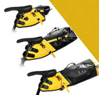 Comparaison de trois tailles de sacoches de selle jaune et noire fixées sur des vélos, sur fond jaune et blanc.