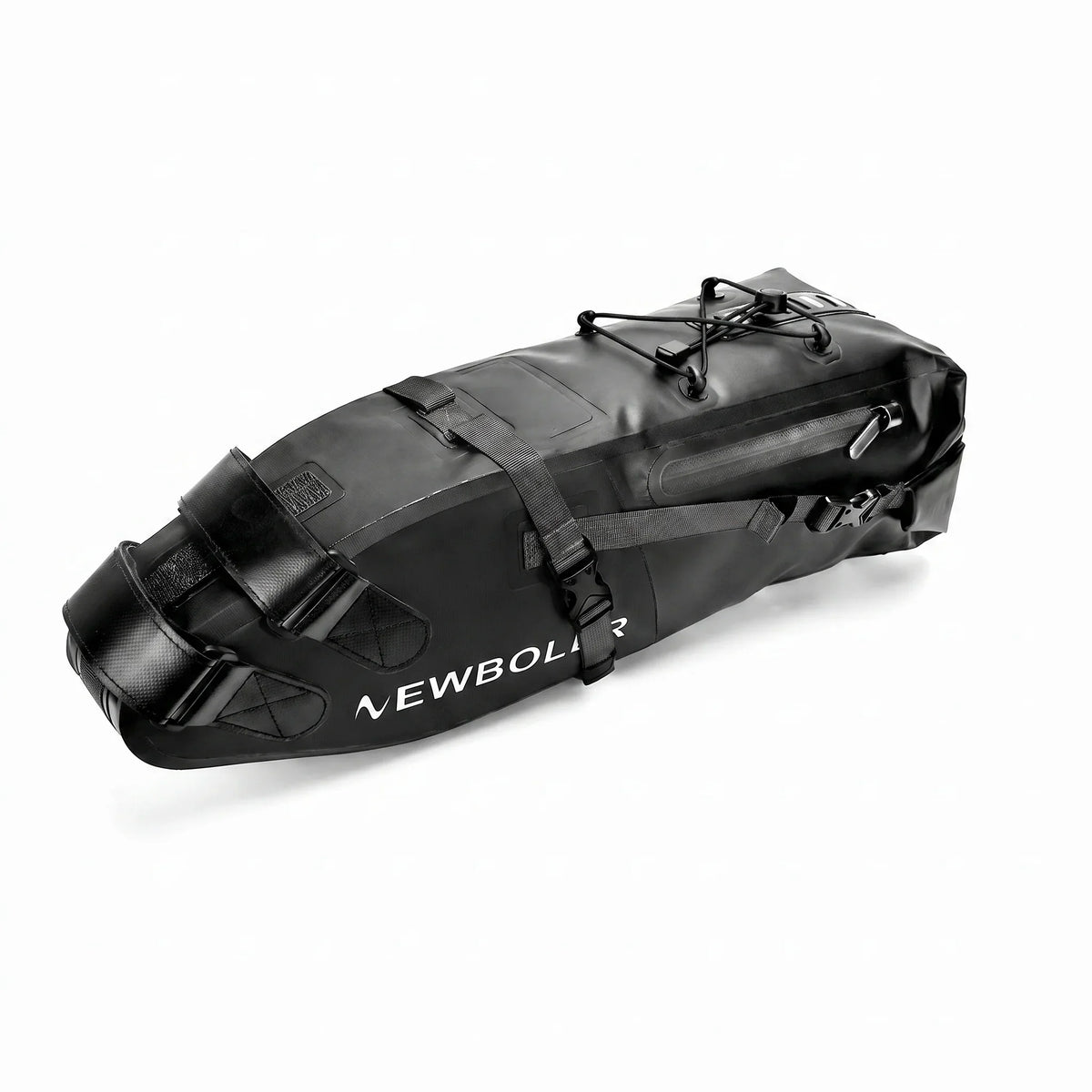 Sacoche de selle noire de forme allongée avec sangles de fixation, présentée sur fond blanc.