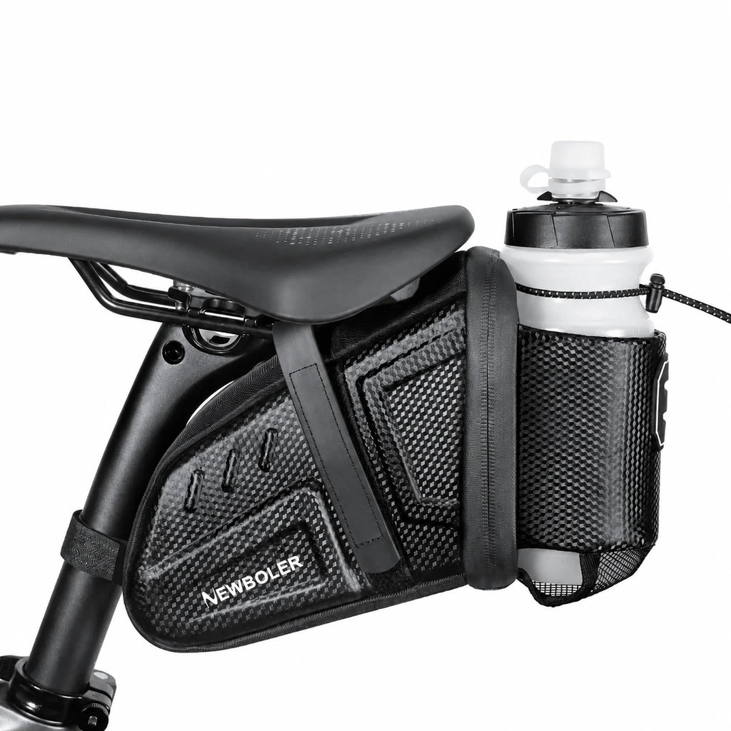 Sacoche de selle vélo noire avec porte-bidon intégré