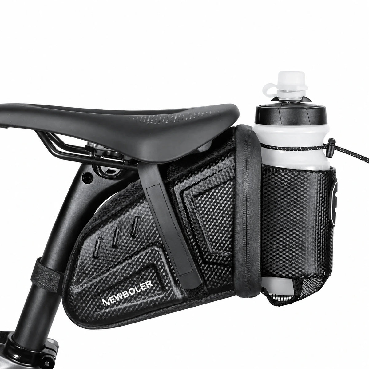 Sacoche de selle vélo noire avec porte-bidon intégré