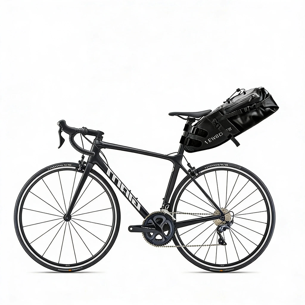 Sacoche de selle noire de grande capacite fixee sous la selle d un velo de route noir vue de cote
