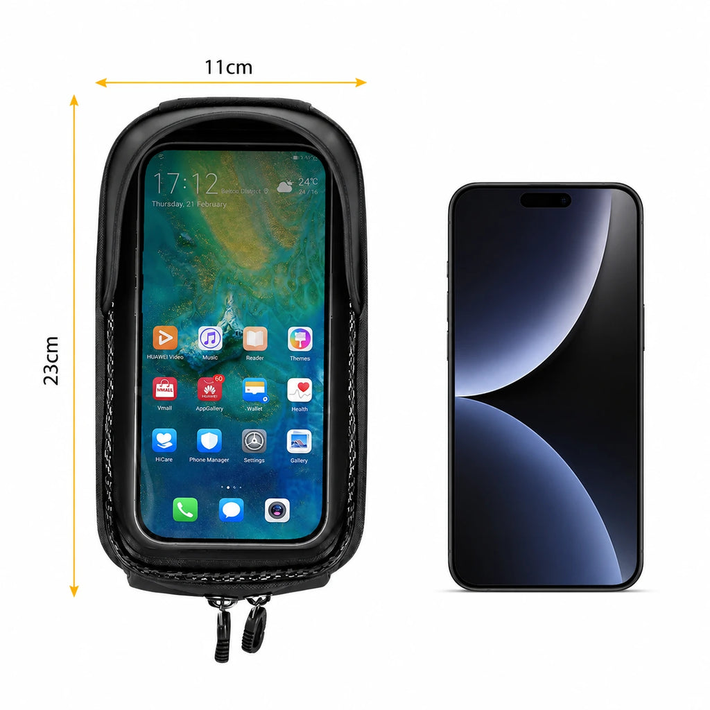 Housse de guidon velo noire avec fenetre tactile de 11x23 cm comparee a un smartphone pour indication de taille