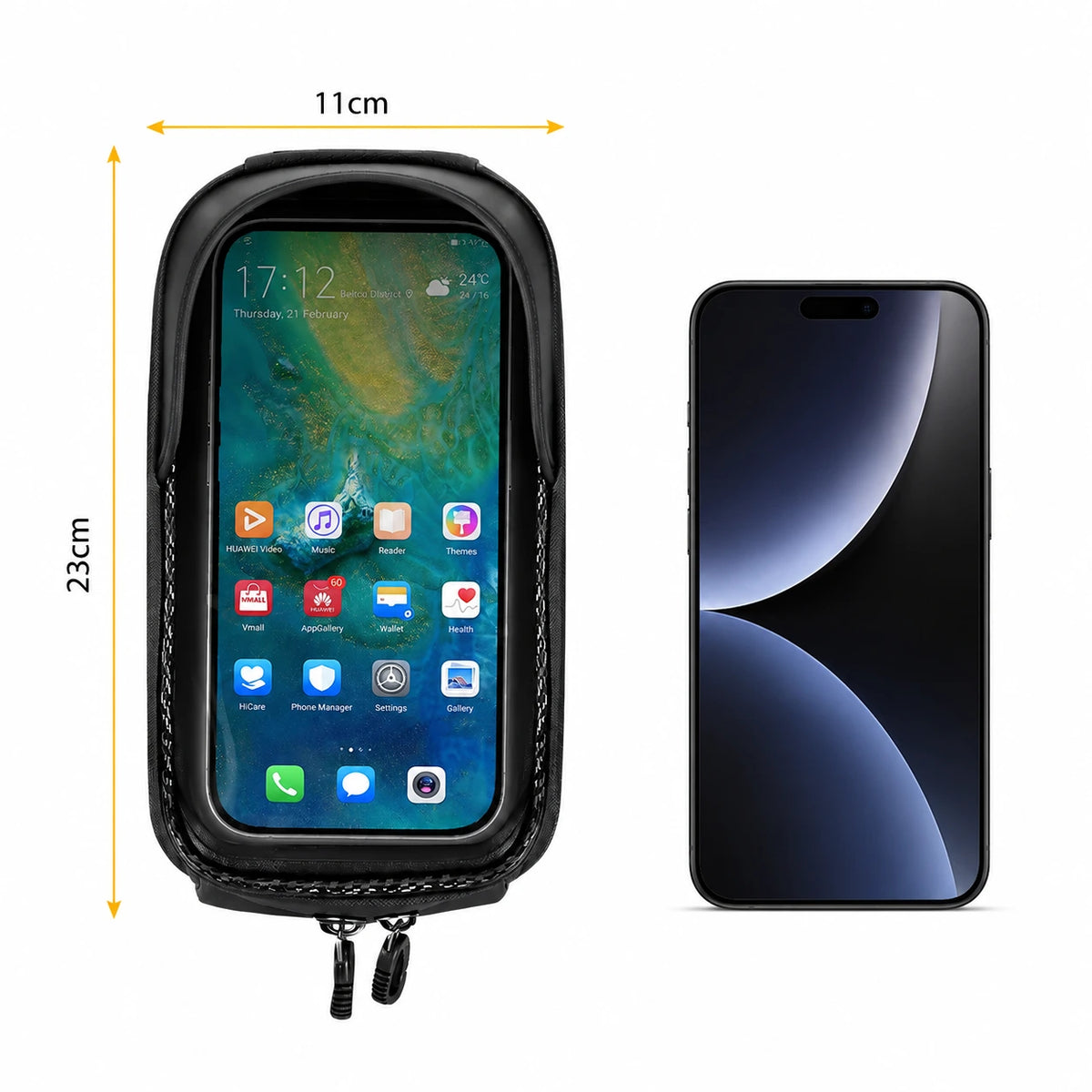 Housse de guidon velo noire avec fenetre tactile de 11x23 cm comparee a un smartphone pour indication de taille
