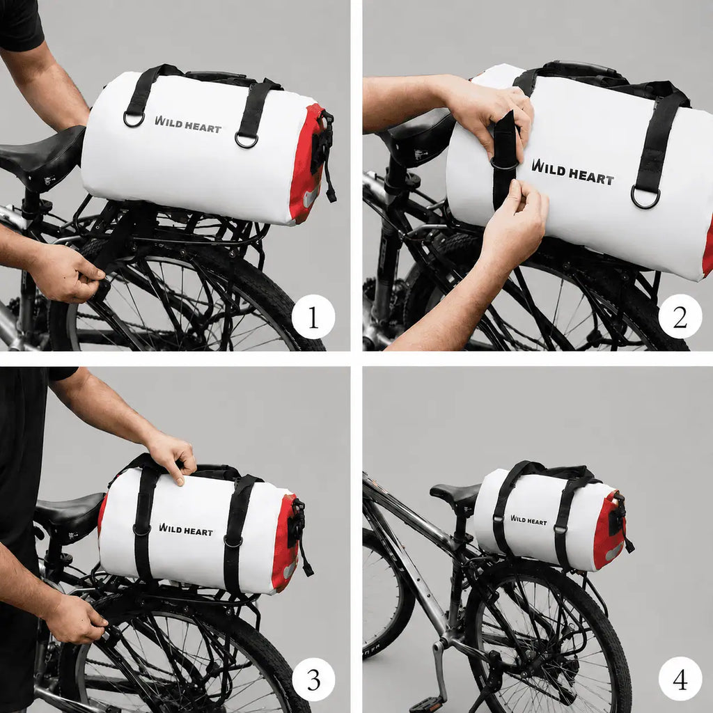Quatre étapes de fixation de la sacoche vélo 18L sur le porte-bagage arrière