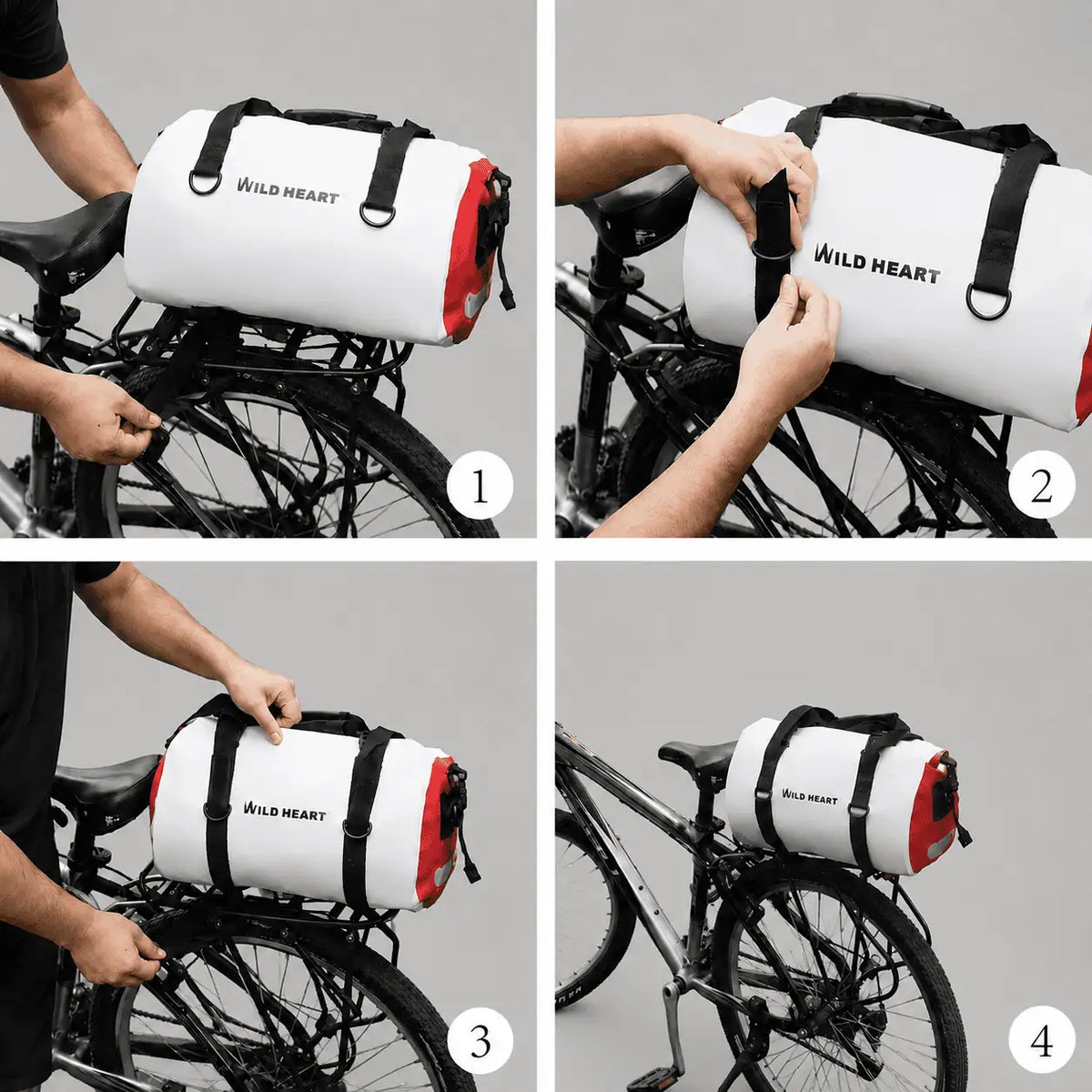 Quatre étapes de fixation de la sacoche vélo 18L sur le porte-bagage arrière