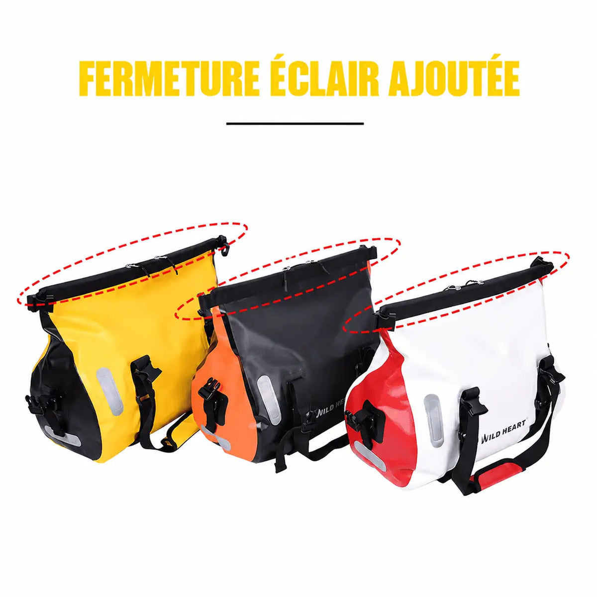 Trois coloris de sacoche vélo 18L côte à côte, ouverture par fermeture éclair